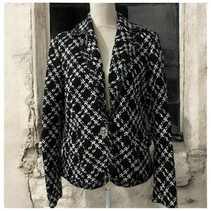 Pursuits Black & White Tweed Plaid  Blazer‎ With Rhinestone Button Size 10 NWT